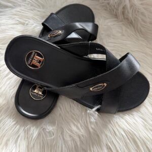 Classic Cross-Strap Leather Slides – Black
